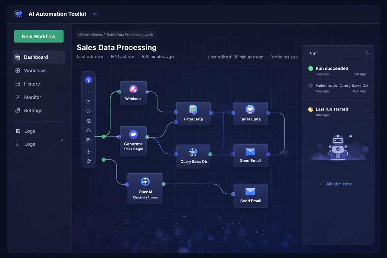 AI automation toolkit interface showing a visual workflow that filters sales data, generates an email insight and sends notifications, with a run history panel.